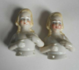 Pair Pincushion 1/2 Dolls,  Young Girls 2 1/4 " Marked Germany