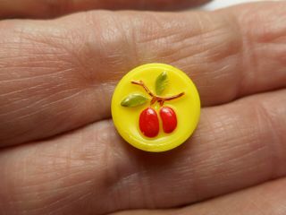 Yellow Glass W/ Red Plums Fruit Goofy Childrens Vintage Button 1/2 " Rs