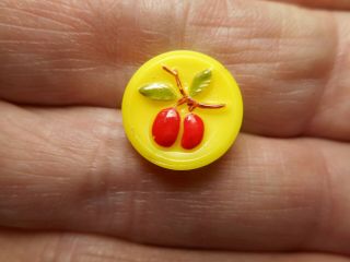 Yellow Glass w/ Red Plums Fruit Goofy Childrens Vintage Button 1/2 