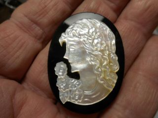 Carved Mop Shell Profile Cameo On Black Glass Vintage Button 1 - 5/8 "