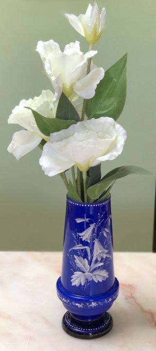 Antique Czech Bohemian Harrach Cobalt Blue Cased Art Glass Vase Enamelled