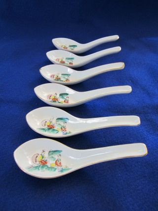 Antique Nyonyaware Straits Chinese Peranakan Porcelain Spoon Set Of 6
