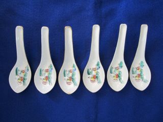 Antique Nyonyaware Straits Chinese Peranakan Porcelain Spoon Set of 6 2