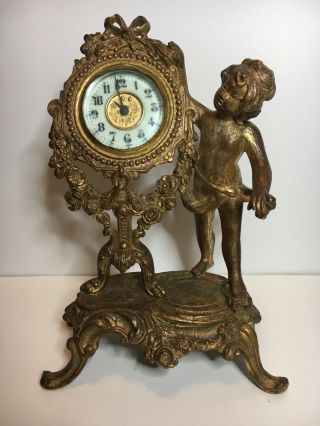 Antique Ansonia Desk Clock Gilt Bronze with Porcelain Face 7