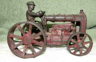Early Cast Iron Tractor In Worn Red Paint