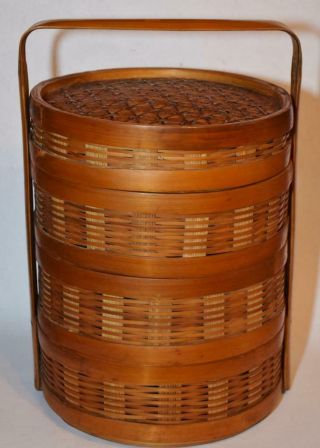 Vtg.  Chinese Stacking Wedding/food Basket - Woven Bamboo - 4 Sections - 16 " Tall