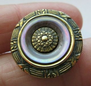 Most Spectacular Antique Vtg Carved Dyed Mop Shell In Metal Button 7/8 " (g)