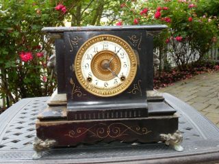 Vintage 1882 Ansonia Mantle Shelf Clock Metal Cabinet Antique Lion Heads