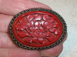 Chinese Carved Cinnabar Pin Pendant Flowers