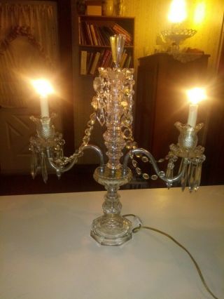 Antique Ornate Drop Cut Crystal Glass 2 Arm Candelabra Electric Table Lamp