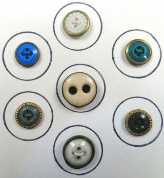Card of 7 Antique China BUTTONS Set in Metal,  Assorted Colors & Varieties 2