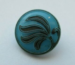 Stunning Antique Vtg Turquoise Glass Button Enamel Art Nouveau Design 5/8 " (g)