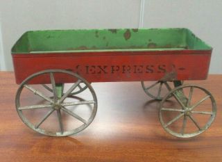 Antique Vintage Tin & Wood Stencil Painted Express Wagon Toy 9 - 1/4 "