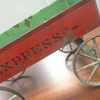 ANTIQUE Vintage TIN & WOOD STENCIL PAINTED EXPRESS WAGON TOY 9 - 1/4 