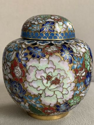 Vintage Chinese Cloisonne Enamel Ginger Jar Tea Caddy With Peony