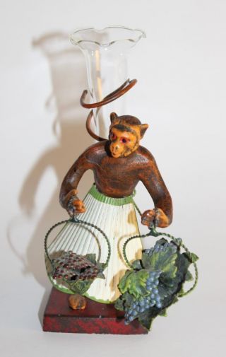 Antique Petite Choses Cast Iron Monkey Figurine W/ Shell Skirt Bud Vase