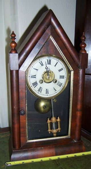 Antique Jerome Co Small Size Steeple Clock With Alarm Silvered Pendulum