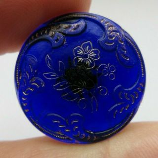 Brilliant Antique Vtg Victorian Cobalt Glass Button Gold Luster Flowers (t)