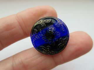 Brilliant Antique Vtg Victorian Cobalt GLASS BUTTON Gold Luster Flowers (T) 2