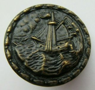 Outstanding Antique Vtg Victorian Metal Picture Button Sailboat Rough Water (t)