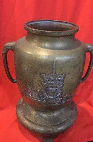 Antique Chinese Bronze Footed Vase,  With A Majestic Engraved Temple,  Signed