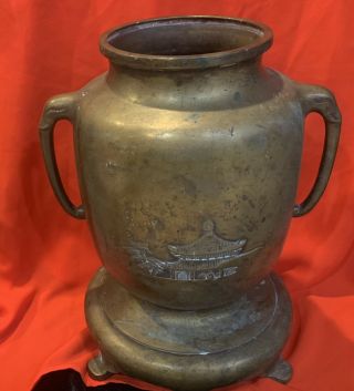 Antique Chinese Bronze Footed Vase,  With A Majestic Engraved Temple,  Signed 3