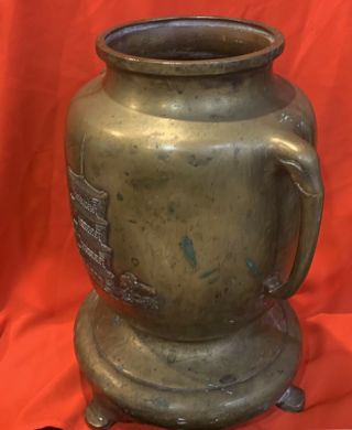 Antique Chinese Bronze Footed Vase,  With A Majestic Engraved Temple,  Signed 4