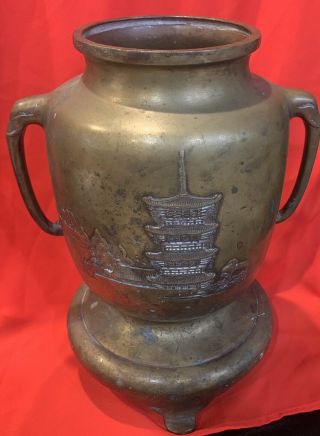 Antique Chinese Bronze Footed Vase,  With A Majestic Engraved Temple,  Signed 5