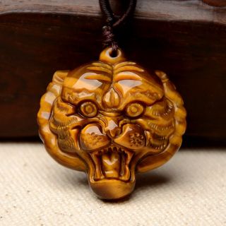 100 Natural Hand - Carved Tiger Cat Eye Jade Pendant Tiger Head Amulet