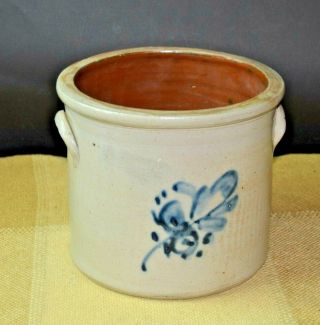Vintage Stoneware Pot With Blue Cobalt Flower Crock From Estate Local.