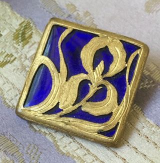 Antique Vtg Pierced Metal Picture Button Art Nouveau Iris Flower Blue Enamel