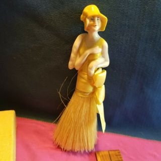 Antique German Half Doll Brush Bisque Box Boa Wrap.  Yellow Outfit