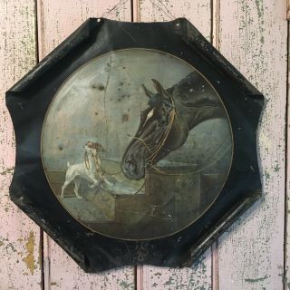 Antique Toleware Victorian Tin Lithograph Horse & Dog 1880s - 1900 H