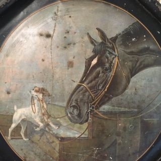Antique Toleware Victorian Tin Lithograph Horse & dog 1880s - 1900 H 2
