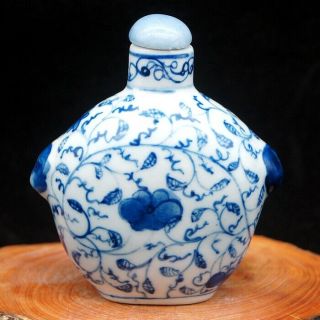Chinese Rare Collectible Blue And White Porcelain Flower Leaf Snuff Bottle Big