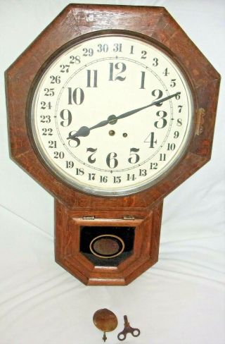 Estate Vintage/antique Regulator Calendar Wall Clock W/ Pendulum & Key And.