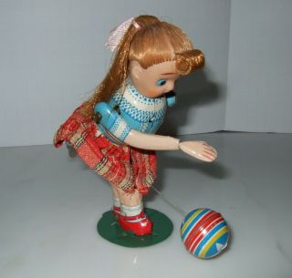 Vintage Japanese Tin Wind - Up Toy Girl Bouncing Ball Marked Tps Japan