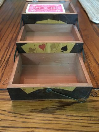 Antique Vintage Wooden Playing Card Box 3 Tiers Wood Card Carrier Caddy 8