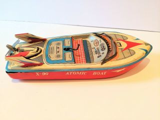 Vintage Tin Litho Toy Atomic Boat X - 90 Japan Et Wind - Up Friction 13 " - Rare