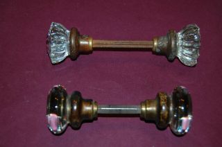 2 Vintage Glass Door Knobs 12 Fluit And Round With Stem And Brass Trim