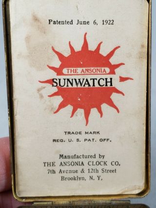 Rare Vintage 1920 ' s Pocket Sun Dial Watch by Ansonia Clock Company. 4