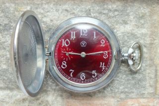 Vintage Molnija Molnia Red Dial 18 Jewels Ussr Russian Mechanical Pocket Watch.