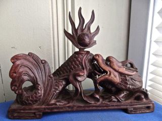Antique Chinese Japanese Dragon W/ Flaming Pearl Hand Carved Wood 9 " Figurine