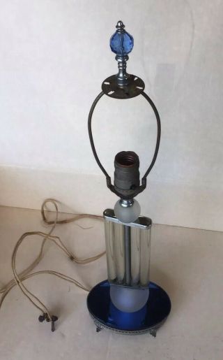 Antique Art Deco Retro Lamp Base - Blue,  Frosted,  Clear Glass Chrome,  Metal