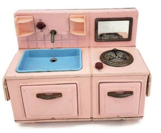 Vintage Pink Tin Toy Kitchen Sink Stove Made In Japan Tn