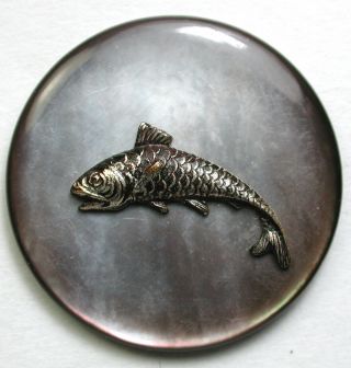 Antique Shell Button With Brass Fish Ome Design - 1 "
