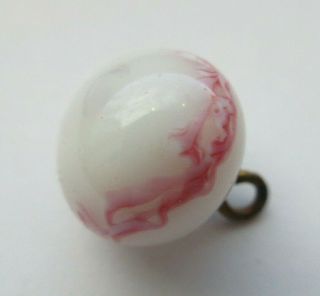 Splendid Antique Vtg White Glass Ball Waistcoat Button W/ Pink Swirls 1/2 " (f)