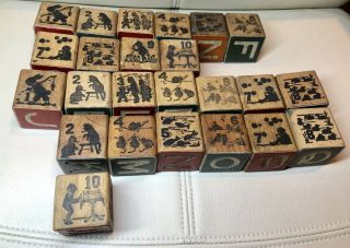 24 Vintage Antique Wooden Blocks Alphabet Number Animals Pictures