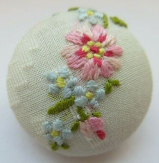 Wonderful Large Antique Vtg Cloth Fabric Button Pink Blue Stitched Flowers (f)