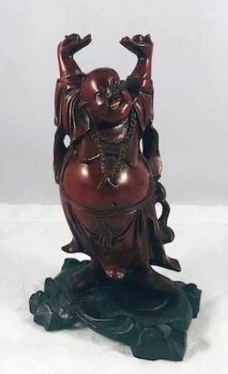 Antique Chinese Hand Carved Boxwood Laughing Jolly Buddha On Custom Stand N/r